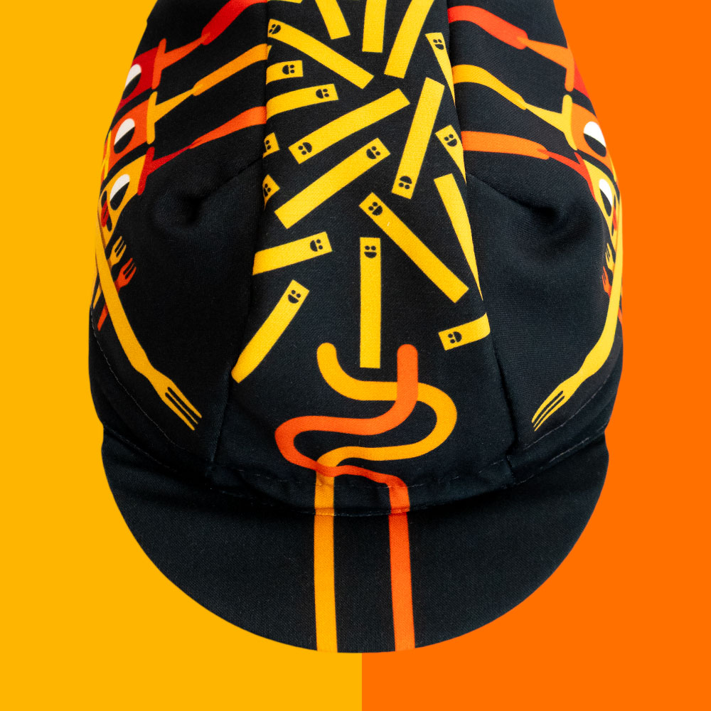 frites-casquette-velo-dessus frites à l'arrivée casquette velo made in france