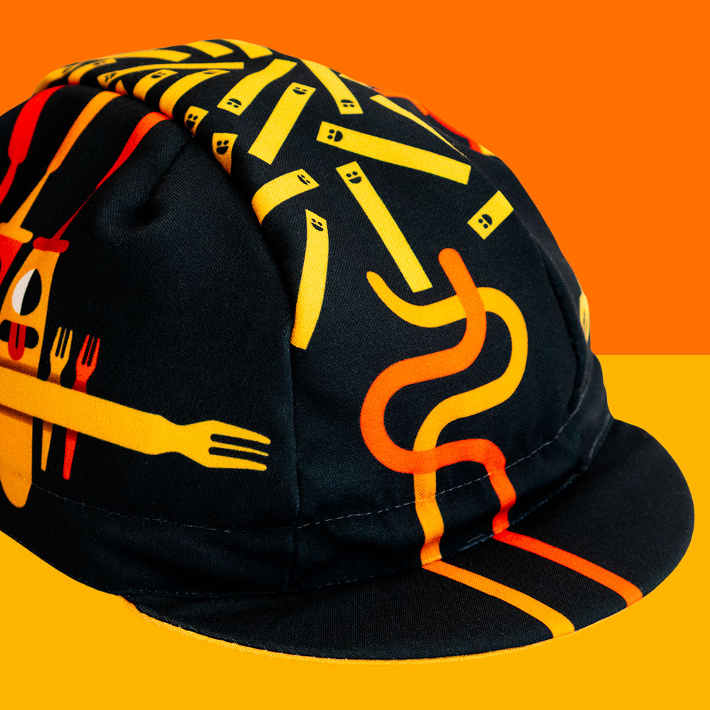 frites-casquette-velo-pose frites à l'arrivée casquette velo made in france